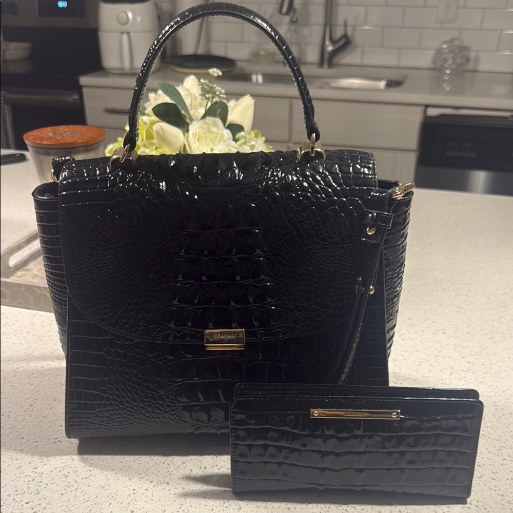 Brahmin Black Crocodile-Embossed Handbag and Wallet Set